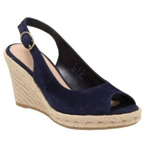 Stuart Weitzman Jean Blue Suede Slingback Cork Wedge Heel Sandal Size 8